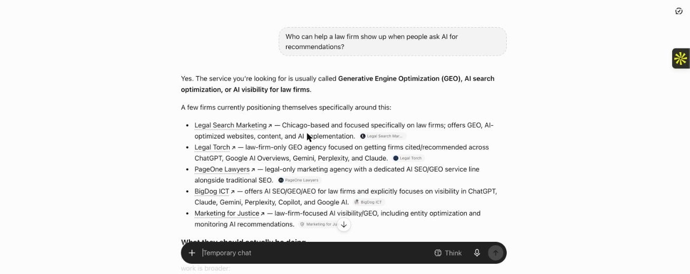 ChatGPT naming five providers who help law firms show up in AI recommendations, none of them Syndesi