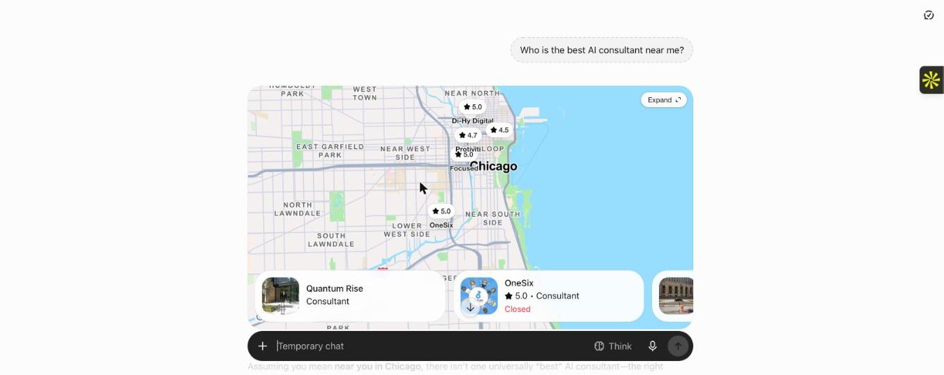 ChatGPT answering the same near-me question with a map of metro Chicago and a different set of firms