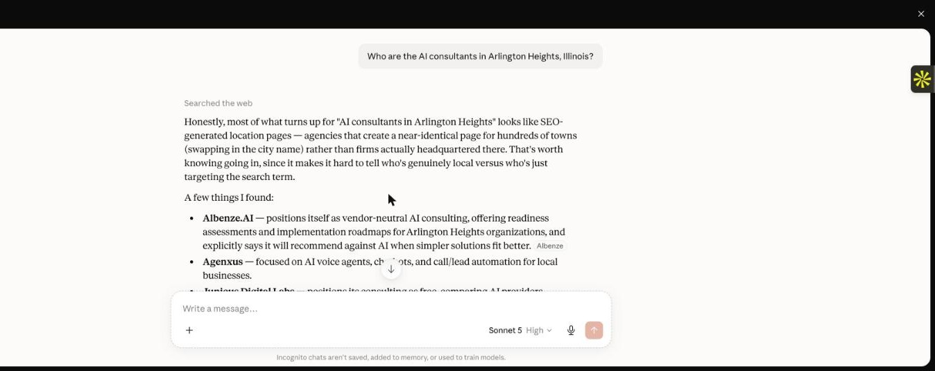 Claude answering about AI consultants in Arlington Heights and noting most results are template town pages