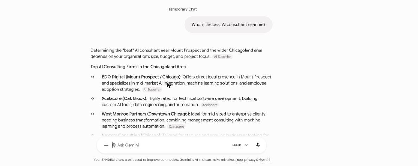 Gemini answering who is the best AI consultant near me, asked from Mount Prospect, naming Chicagoland firms