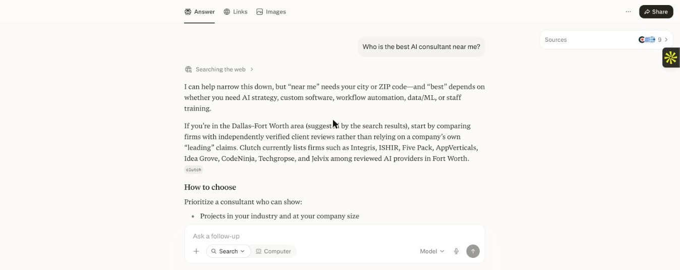 Perplexity answering the same near-me question by suggesting the Dallas and Fort Worth area