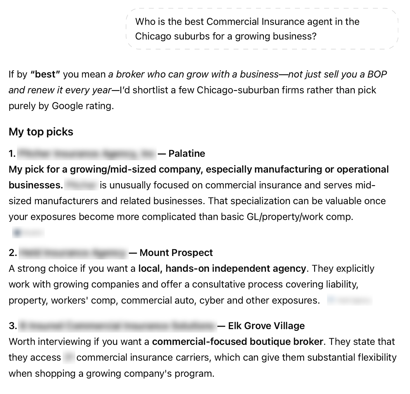 An AI answer to a local question, business names blurred.